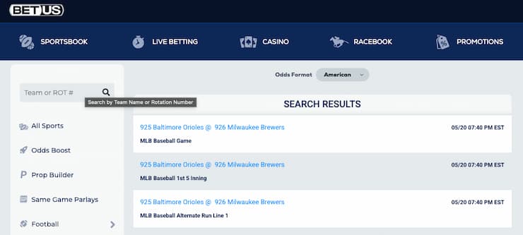 Odds display from BetUS, a major player in Delaware online sportsbooks.
